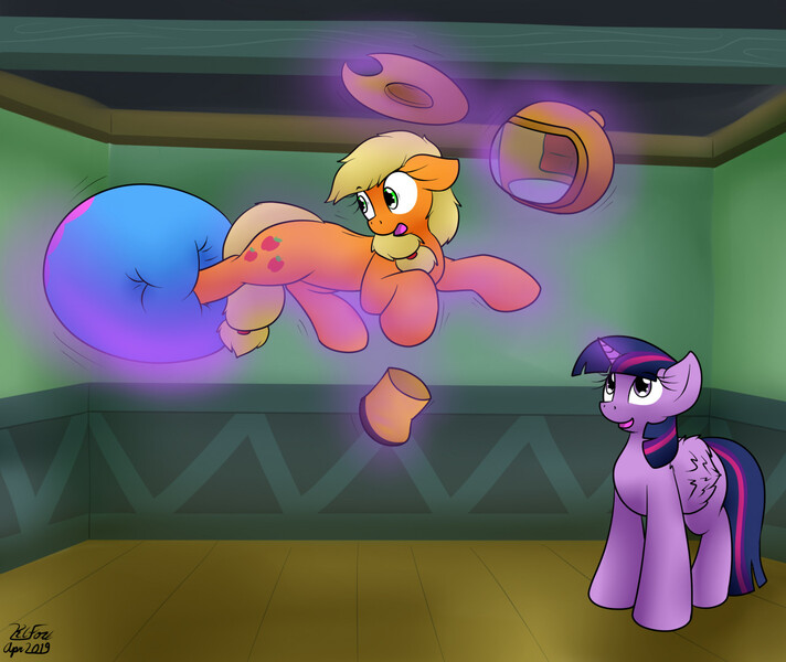 Size: 1280x1079 | Tagged: questionable, artist:the-furry-railfan, derpibooru import, applejack, twilight sparkle, twilight sparkle (alicorn), alicorn, earth pony, pony, allergies, boots, clothes, diaper, diaper fetish, fetish, floating, helmet, image, jpeg, levitation, magic, non-baby in diaper, poofy diaper, sequence, shoes, story included, surprised, sweet apple acres, telekinesis, wide eyes