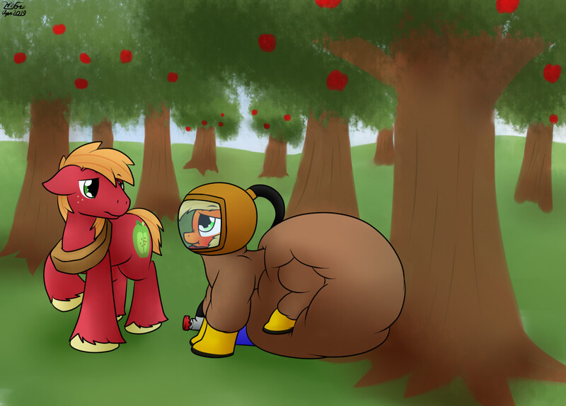 Size: 1280x918 | Tagged: questionable, artist:the-furry-railfan, derpibooru import, applejack, big macintosh, earth pony, pony, air tank, apple, apple tree, applebucking, blushing, boots, clothes, diaper, diaper fetish, diaper inflation, diaper under clothes, embarrassed, environmental suit, fetish, food, helmet, image, jpeg, missing accessory, non-baby in diaper, poofy diaper, shoes, story included, sweet apple acres, tree