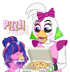 Size: 2000x2050 | Tagged: safe, artist:lunxaiponi, derpibooru import, oc, oc:estella sparkle, alicorn, bird, chicken, pony, alicorn oc, animatronic, bow, bracelet, broken horn, chica, commission, crossover, duo, ear piercing, earring, eating, female, five nights at freddy's, five nights at freddy's: security breach, food, hair bow, hair over eyes, horn, image, jewelry, mare, markings, multicolored hair, offspring, parent:flash sentry, parent:twilight sparkle, parents:flashlight, piercing, pizza, pizza box, png, simple background, spiked wristband, unshorn fetlocks, white background, wings, wristband, ych result