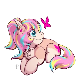 Size: 1750x1750 | Tagged: artist needed, safe, oc, oc:bijou butterfly, unofficial characters only, butterfly, earth pony, insect, pony, ear piercing, female, image, mare, pale belly, piercing, png, prone, signature, simple background, smiling, socks (coat marking), solo, transparent background