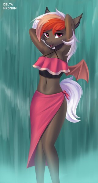 Size: 1095x2048 | Tagged: safe, artist:delta hronum, derpibooru import, oc, oc:amaryllis, anthro, bat pony, clothes, image, jpeg, solo, swimsuit, water, waterfall, waterfall shower