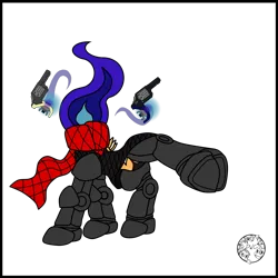 Size: 4000x4000 | Tagged: safe, artist:dice-warwick, derpibooru import, oc, oc:cold iron, dullahan, undead, fallout equestria, fallout equestria: dance of the orthrus, armor, black underwear, clothes, disembodied head, fanfic art, gun, handgun, headless, image, mirage pony, png, revolver, scarf, underwear, weapon