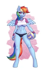 Size: 2208x3508 | Tagged: suggestive, alternate version, artist:dandy, derpibooru import, rainbow dash, anthro, pegasus, unguligrade anthro, abs, athletic, ball, belly button, belly piercing, bikini, bikini bottom, breasts, busty rainbow dash, cameltoe, cleavage, clothes, ear piercing, erect nipples, explicit source, female, high res, image, looking at you, nipple outline, nipple piercing outline, panties, piercing, png, shirt, short shirt, simple background, smiling, smirk, solo, solo female, sports, swimsuit, underboob, underwear, volleyball, white background, wings