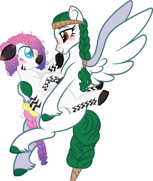 Size: 832x983 | Tagged: safe, artist:icey-wicey-1517, derpibooru import, oc, oc:olivia leaf, oc:zuri sambo, unofficial characters only, pegasus, pony, zebra, blushing, bow, commission, cute, duo, female, freckles, headband, hug, image, lesbian, looking at each other, looking at someone, mare, oc x oc, png, shipping, simple background, tail, tail bow, transparent background, unshorn fetlocks, zebra oc