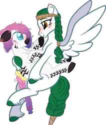 Size: 832x983 | Tagged: safe, artist:yeetmedownthestairs, derpibooru import, oc, oc:olivia leaf, oc:zuri sambo, unofficial characters only, pegasus, pony, zebra, blushing, bow, commission, cute, duo, female, freckles, headband, hug, image, lesbian, looking at each other, looking at someone, mare, oc x oc, png, shipping, simple background, tail, tail bow, transparent background, unshorn fetlocks, zebra oc