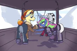Size: 1500x1000 | Tagged: safe, artist:storyteller, derpibooru import, oc, oc:iin, oc:omelette, oc:rowdy spout, earth pony, pegasus, zebra, boots, clothes, goggles, image, jacket, mountain, open mouth, png, ponytail, shoes, smiling, snow, vehicle, winter outfit