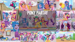 Size: 1978x1113 | Tagged: safe, derpibooru import, edit, edited screencap, editor:quoterific, screencap, cloudpuff, hitch trailblazer, izzy moonbow, pipp petals, sunny starscout, zipp storm, dog, earth pony, pegasus, pomeranian, pony, unicorn, my little pony: tell your tale, spoiler:g5, spoiler:my little pony: tell your tale, spoiler:tyts01e25, alternate hairstyle, bag, balloon, beret, bracelet, cannon, coat markings, drink, drinking straw, female, flower, flower in hair, fluttershy's cutie mark, flying, flying pomeranian, friendship bracelet, frown, g5, glass, glitter, glitter cannon, grin, hat, headband, helmet, image, jewelry, male, mane five (g5), mare, necktie, open mouth, open smile, party, png, pony partay, rainbow dash's cutie mark, regalia, roller skates, saddle bag, smiling, smoothie, socks (coat marking), spread wings, stallion, sunglasses, surprise!, twilight sparkle's cutie mark, wall of tags, winged dog, wings