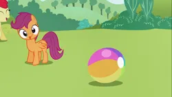 Size: 1366x768 | Tagged: safe, derpibooru import, screencap, apple bloom, scootaloo, earth pony, pegasus, pony, lesson zero, season 2, ball, cute, cutealoo, derp, duo, image, playing, png, tongue out