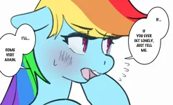 Size: 1600x974 | Tagged: safe, artist:anonymous, artist:rirurirue, derpibooru import, rainbow dash, ponified, pegasus, pony, blushing, dialogue, drawthread, emanata, female, floppy ears, image, jpeg, looking away, mare, open mouth, requested art, simple background, solo, speech bubble, sweat, sweatdrop, talking to viewer, tsunderainbow, tsundere, white background