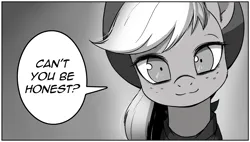 Size: 2705x1535 | Tagged: safe, artist:anonymous, derpibooru import, applejack, ponified, earth pony, pony, bandana, cute, dialogue, drawthread, female, image, jackabetes, manga, mare, monochrome, png, requested art, solo, speech bubble, talking to viewer