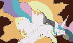 Size: 4320x2520 | Tagged: suggestive, artist:felinecanis, derpibooru import, princess celestia, alicorn, pony, ass up, bedroom eyes, butt, clothes, fishnets, image, looking at you, lying down, png, side, socks, stockings, sunbutt, the ass was fat, thigh highs, tongue out, wide hips