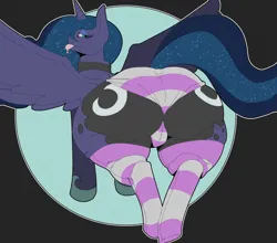 Size: 4320x3805 | Tagged: suggestive, artist:felinecanis, derpibooru import, princess luna, alicorn, pony, bedroom eyes, butt, clothes, image, looking at you, looking back, looking back at you, moonbutt, panties, png, presenting, socks, spread wings, striped panties, striped socks, striped underwear, the ass was fat, tongue out, underwear, wedgie, wide hips, wings