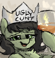 Size: 177x188 | Tagged: safe, artist:plunger, derpibooru import, oc, oc:anonfilly, earth pony, pony, alcohol, drawthread, female, filly, foal, image, lidded eyes, png, requested art, solo, toasting, ugly, vulgar