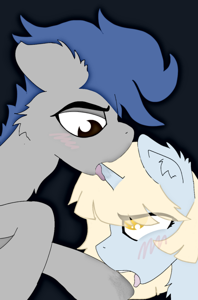 Size: 917x1389 | Tagged: suggestive, artist:kotwitz, derpibooru import, oc, oc:aria taitava, oc:shade ru, unofficial characters only, pegasus, pony, unicorn, abstract background, blushing, derpibooru exclusive, ear fluff, eye clipping through hair, eye contact, hoof licking, hooves, horn, horn licking, hornjob, image, licking, looking at each other, looking at someone, png, raised hoof, salivating, tongue out