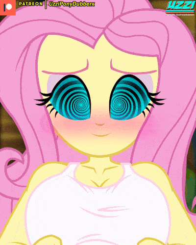 Size: 400x500 | Tagged: questionable, artist:uzzi-ponydubberx, derpibooru import, fluttershy, equestria girls, animated, blushing, breasts, busty fluttershy, censored, commission, exposed breasts, female, femsub, fetish, fluttersub, gif, hypno eyes, hypnosis, hypnotized, image, kaa eyes, looking at you, patreon, patreon censored, patreon logo, solo, solo female, submissive, undressing