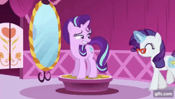 Size: 640x360 | Tagged: safe, derpibooru import, edit, edited screencap, screencap, rarity, starlight glimmer, pony, unicorn, no second prances, season 6, animated, blinking, carousel boutique, duo, duo female, female, frown, gif, gifs.com, glasses, glow, glowing horn, grin, horn, image, magic, magic aura, mare, measuring tape, nervous, nervous grin, rarity's glasses, smiling, telekinesis