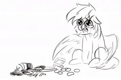 Size: 1040x692 | Tagged: safe, artist:nire, derpibooru import, rainbow dash, pegasus, pony, black and white, chicken meat, chicken nugget, crying, drink, floppy ears, food, french fries, grayscale, image, jpeg, meat, monochrome, runny nose, simple background, sitting, solo, spill, spilled drink, white background