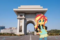 Size: 720x479 | Tagged: safe, artist:mlpfan3991, artist:sugar-loop, derpibooru import, edit, vector edit, sunset shimmer, human, equestria girls, equestria girls series, game stream, spoiler:eqg series (season 2), arch of triumph (pyongyang), clothes, converse, equestria girls in real life, female, hand on hip, image, irl, jpeg, north korea, photo, pyongyang, shoes, sneakers, solo, vector