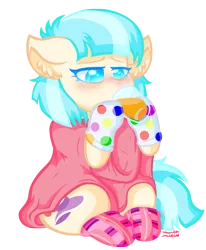Size: 1067x1296 | Tagged: safe, artist:vanillaswirl6, derpibooru import, coco pommel, earth pony, pony, blanket, clothes, cocobetes, cute, drinking, ear fluff, female, floppy ears, image, juice, mare, orange juice, png, sick, simple background, socks, solo, transparent background