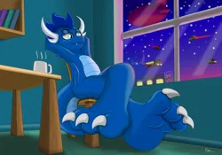 Size: 1067x749 | Tagged: safe, artist:neondragon, derpibooru import, oc, oc:cobalt the dragon, unofficial characters only, dragon, claws, coffee, feet, fetish, foot fetish, foot focus, future, horn, image, jpeg, lidded eyes, looking at each other, looking at someone, male, window, wings