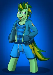 Size: 2545x3596 | Tagged: suggestive, artist:tacomytaco, derpibooru import, oc, oc:taco.m.tacoson, unofficial characters only, pegasus, pony, bipedal, blushing, briefs, clothes, embarrassed, gradient background, hoodie, image, male, png, shorts, shoulder wedgie, solo, solo male, underwear, wedgie