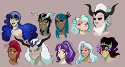 Size: 1356x726 | Tagged: safe, artist:xxdemonpeachxx, derpibooru import, cozy glow, discord, king sombra, lord tirek, nightmare moon, queen chrysalis, starlight glimmer, storm king, tempest shadow, trixie, human, my little pony: the movie, antagonist, bust, elf ears, eye scar, facial scar, female, forehead jewel, grin, horn, horned humanization, humanized, image, male, png, portrait, s5 starlight, scar, simple background, smiling