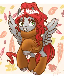 Size: 2509x3000 | Tagged: safe, artist:opalacorn, derpibooru import, oc, oc:void, unofficial characters only, pegasus, pony, autumn, clothes, falling leaves, female, high res, image, jpeg, laurel, leaf, leaves, leg warmers, mare, nose piercing, nose ring, piercing, raised hoof, smiling, solo, spread wings, sweater, turtleneck, wings