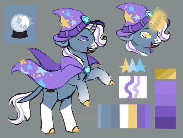 Size: 640x482 | Tagged: safe, artist:picatssso, derpibooru import, trixie, pony, alternate cutie mark, cape, clothes, coat markings, colored hooves, female, gradient hooves, gray background, hat, image, jpeg, leonine tail, mare, open mouth, rearing, redesign, reference sheet, simple background, socks (coat marking), trixie's cape, trixie's hat, twitterina design