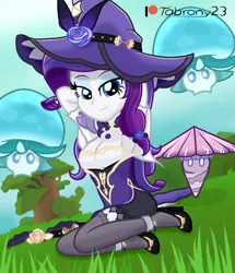 Size: 1137x1324 | Tagged: safe, artist:tabrony23, derpibooru import, rarity, equestria girls, arm behind head, bedroom eyes, breasts, busty rarity, clothes, cosplay, costume, cute, female, floating hydro fungus (genshin impact), fungus, genshin impact, gloves, hat, image, lisa (genshin impact), looking at you, patreon, patreon logo, png, sexy, shoes, show accurate, signature, sitting, smiling, smiling at you, solo, solo female, whirling electro fungus (genshin impact), witch hat