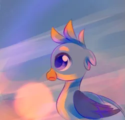 Size: 539x518 | Tagged: artist needed, safe, derpibooru import, gallus, gryphon, alone, cloud, cloudy, eye reflection, faraway, female, folded wings, image, lonely, looking at something, male, png, reflection, shipping, simple background, sky, straight, sun, sunset, wings, younger