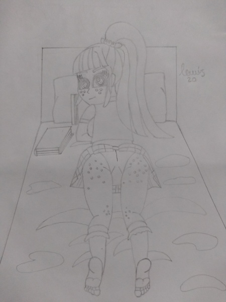 Size: 3120x4160 | Tagged: suggestive, artist:lewis20, derpibooru import, sour sweet, equestria girls, ass, bed, book, butt, clothes, crystal prep academy uniform, feet, freckles, image, jpeg, looking at you, looking back, looking over shoulder, lying down, school uniform, skirt, socks, sour seat, traditional art, underwear, upskirt
