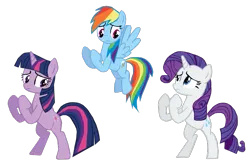 Size: 729x491 | Tagged: safe, artist:benpictures1, derpibooru import, rainbow dash, rarity, twilight sparkle, pegasus, pony, unicorn, dragon quest, bipedal, cute, dashabetes, female, fighting stance, flying, image, implied spike, inkscape, png, raribetes, simple background, trio, trio female, twiabetes, unicorn twilight, vector