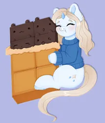 Size: 2048x2396 | Tagged: safe, artist:lumiychan, derpibooru import, oc, oc:lumi, unofficial characters only, pony, unicorn, blushing, chocolate bar, eating, female, horn, image, mare, micro, png, simple background, smiling, solo, unicorn oc