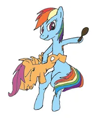 Size: 636x756 | Tagged: safe, derpibooru import, rainbow dash, scootaloo, pegasus, pony, brush, duo, female, filly, foal, hairbrush, image, jpeg, mare, simple background, spanking, white background