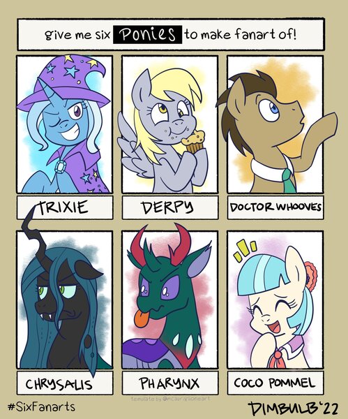 Size: 1704x2047 | Tagged: safe, artist:dimbulb, derpibooru import, coco pommel, derpy hooves, doctor whooves, pharynx, queen chrysalis, time turner, trixie, changedling, changeling, earth pony, pegasus, pony, unicorn, six fanarts, food, image, jpeg, muffin, tongue out