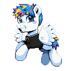 Size: 640x640 | Tagged: safe, artist:hikkage, derpibooru import, ponified, pegasus, pony, awsten knight, buzzing wings, clothes, commission, dyed mane, dyed tail, flying, gif, grin, happy, heterochromia, horseshoes, image, jewelry, looking at you, male, necklace, pixel art, shirt, simple background, smiling, solo, stallion, t-shirt, tail, transparent background, waterparks, wings