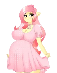 Size: 2364x3000 | Tagged: safe, artist:xjenn9, derpibooru import, fluttershy, anthro, breasts, busty fluttershy, cleavage, clothes, commission, dress, female, image, png, preggoshy, pregnant, solo, wrong eye color, ych result
