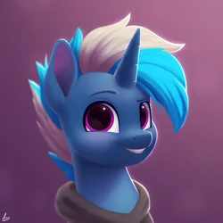 Size: 2000x2000 | Tagged: safe, artist:luminousdazzle, derpibooru import, oc, oc:silver comet, unofficial characters only, pony, unicorn, bust, clothes, gift art, grin, hoodie, horn, image, magenta eyes, male, png, portrait, semi-realistic, signature, simple background, smiling, solo, stallion, unicorn oc