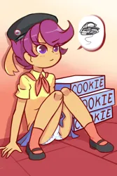 Size: 1280x1920 | Tagged: suggestive, artist:drantyno, banned from derpibooru, deleted from derpibooru, derpibooru import, scootaloo, equestria girls, angry, blushing, box, cameltoe, clothes, cookie, food, hat, image, legs, mary janes, panties, png, shoes, solo, speech bubble, underwear, younger