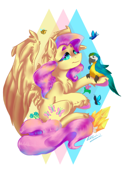 Size: 1754x2480 | Tagged: safe, artist:dankpegasista, derpibooru import, fluttershy, bee, bird, butterfly, insect, parrot, pegasus, detailed, image, png, simple background, transparent background