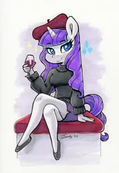 Size: 1767x2556 | Tagged: safe, artist:dandy, derpibooru import, rarity, anthro, plantigrade anthro, unicorn, alcohol, beatnik rarity, bedroom eyes, beret, clothes, copic, crossed legs, eyeshadow, female, hat, high res, horn, image, looking at you, makeup, png, shoes, sitting, skirt, smiling, solo, sweater, traditional art, turtleneck, wine