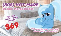 Size: 1088x638 | Tagged: suggestive, artist:badumsquish, derpibooru import, edit, trixie, pony, unicorn, bed, bedroom eyes, female, hotline, image, irl, looking at you, mare, number, open mouth, photo, png, ponytail, snowpity, solo