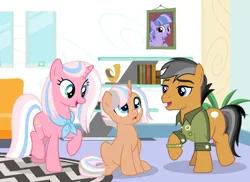 Size: 1024x746 | Tagged: safe, artist:lillyleaf101, derpibooru import, clear sky, quibble pants, wind sprint, oc, oc:checkmate, pony, unicorn, colt, female, foal, image, jpeg, male, offspring, parent:clear sky, parent:quibble pants, parents:quibblesky, quibblesky, shipping, straight