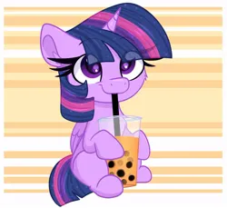 Size: 962x883 | Tagged: safe, artist:littleblackraencloud, derpibooru import, part of a set, twilight sparkle, twilight sparkle (alicorn), alicorn, pony, abstract background, bubble tea, drink, image, jpeg, smiling, solo