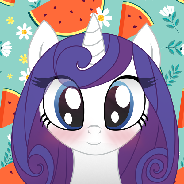 Size: 2000x2000 | Tagged: safe, artist:ramprover, derpibooru import, rarity, pony, unicorn, abstract background, alternate hairstyle, blushing, bust, cute, eye clipping through hair, female, flushed face, front view, happy, horn, image, looking at you, mare, patterned background, png, raribetes, side view, smiling, smiling at you, solo, vector