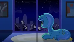 Size: 4800x2700 | Tagged: safe, artist:a4r91n, derpibooru import, lyra heartstrings, pony, unicorn, building, city, cityscape, dark, female, image, lying down, mare, night, painting, png, prone, rug, solo, stars