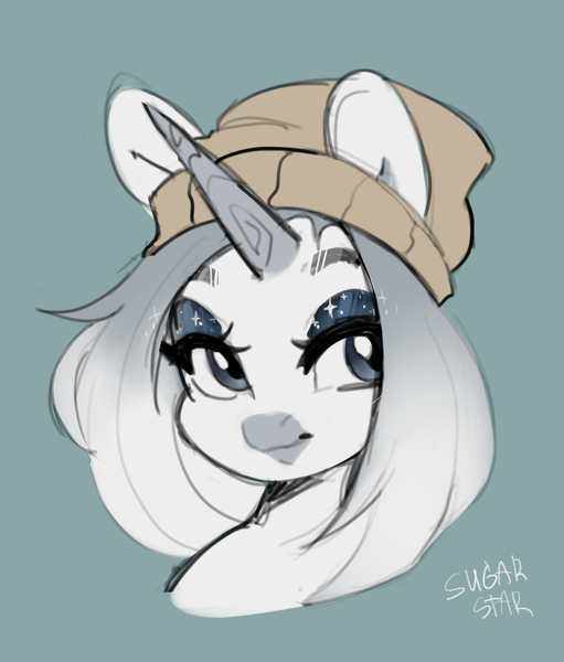 Size: 1359x1597 | Tagged: safe, artist:sugarstar, derpibooru import, oc, oc:zazu, pony, unicorn, eyeshadow, female, hat, image, makeup, mare, png, sketch, solo