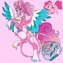 Size: 1440x1440 | Tagged: safe, artist:solarmoondreams, pinkie pie, pegasus, pony, alternate cutie mark, cloven hooves, coat markings, colored hooves, colored wings, female, image, jewelry, jpeg, leonine tail, mare, necklace, pegasus pinkie pie, pigtails, pink background, race swap, redesign, simple background, solo, twitterina design, unshorn fetlocks, wings