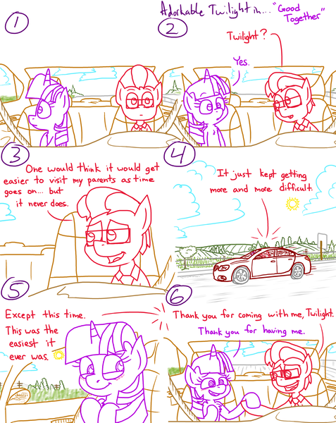 Size: 4779x6013 | Tagged: safe, artist:adorkabletwilightandfriends, derpibooru import, twilight sparkle, twilight sparkle (alicorn), oc, oc:lawrence, alicorn, comic:adorkable twilight and friends, adorkable, adorkable twilight, blushing, car, cloud, conversation, cute, dork, driving, farm, happy, highway, holding hoof, holding hooves, honesty, image, looking out the window, png, road trip, rural, scenery, seatbelt, sitting, smiling, sun