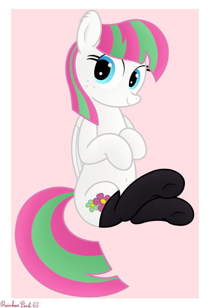 Size: 2712x3970 | Tagged: safe, artist:rainbowšpekgs, derpibooru import, blossomforth, pegasus, pony, adoraforth, belly, belly button, black socks, clothes, cute, female, freckles, image, looking at you, mare, png, simple background, sitting, smiling, smiling at you, socks, solo, underhoof, wings